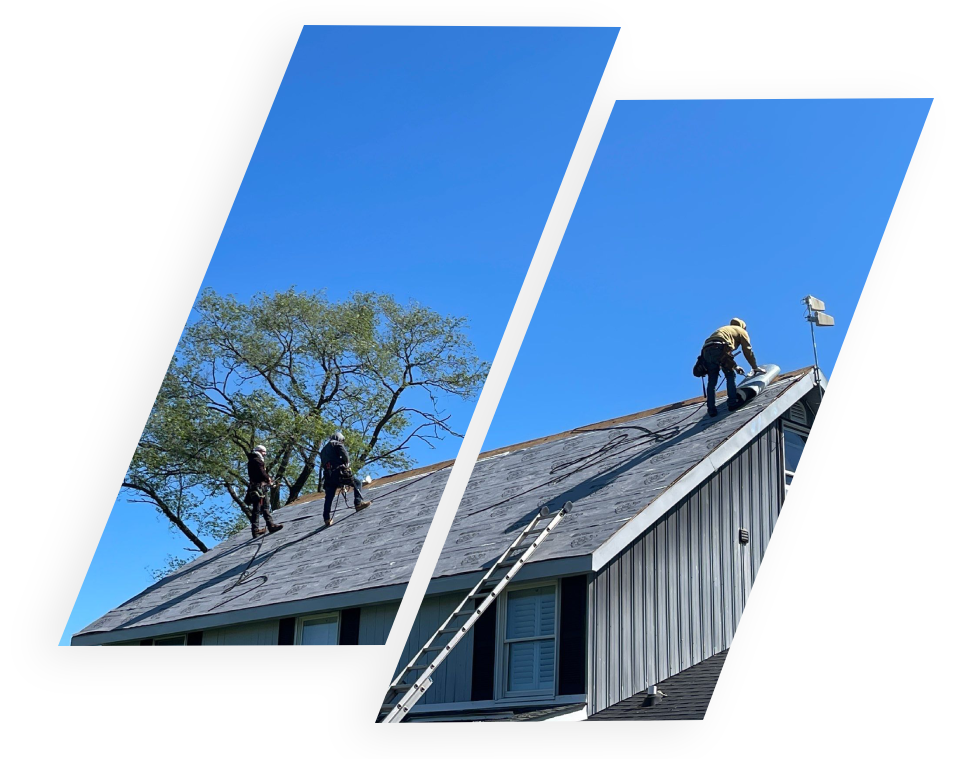 Roofers standing on a home’s roof | Certified Roofing Contractor